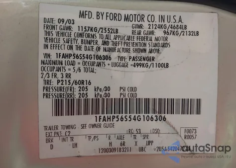 2004 Ford Taurus Sel from USA, damaged, VIN 1FAHP56S54G106306